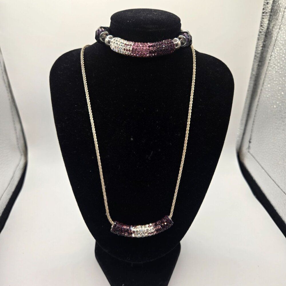 Purple White Gradient Crystal Necklace Bracelet Set Sterling Silver 925 Chain